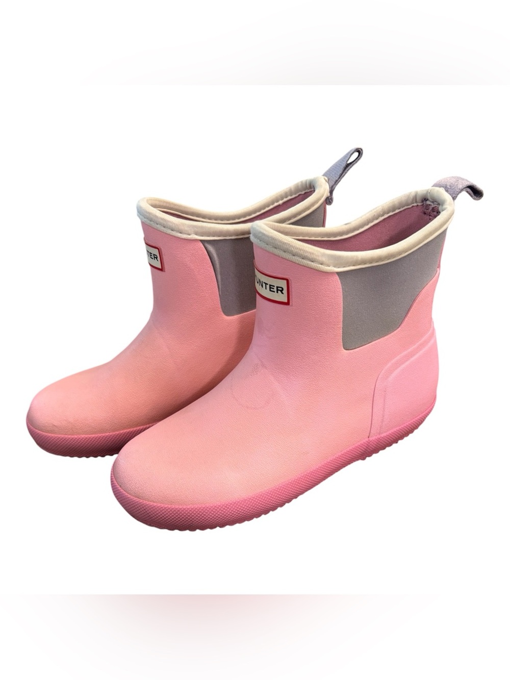 Hunter Kids Size 1 Pink Short Waterproof Rain Boots with Gray Trim